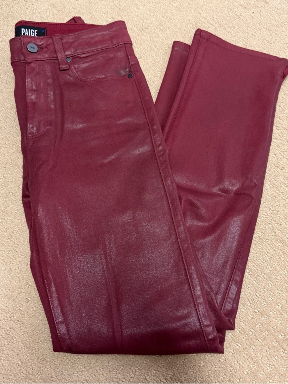 PAIGE Wine Red Faux Leather Slim Jeans